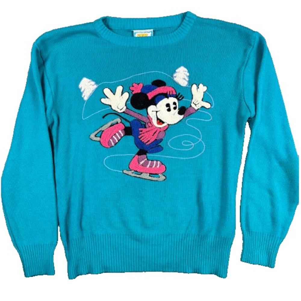 Vintage Minnie Mouse Chenille‎ Sweater Blue 80s Disney Cozy Women S